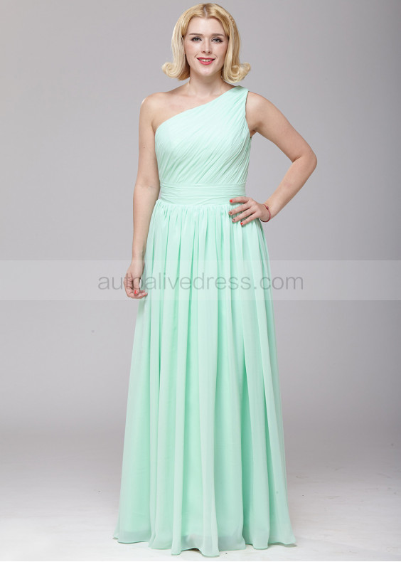 One Shoulder Mint Green Chiffon Pleated Maxi Bridesmaid Dress